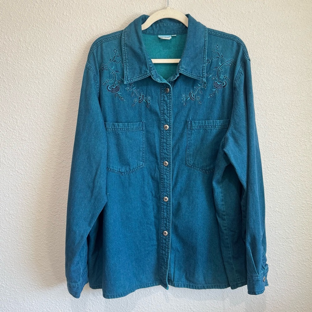 VTG Together Womens 3X Cotton Button Down‎ Embroidered Denim Shirt Blue Boho